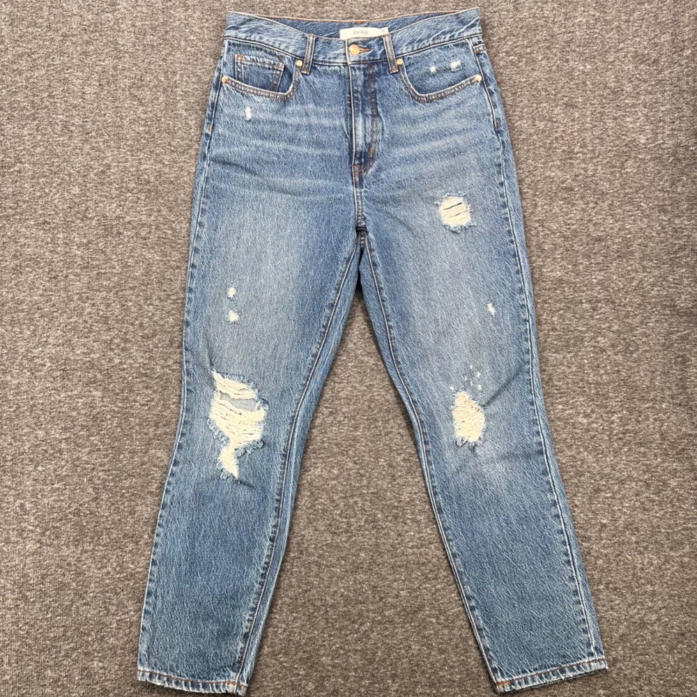 Just Fab Womens High Waisted Distressed Mom Jeans Medium Wash Blue Size 29